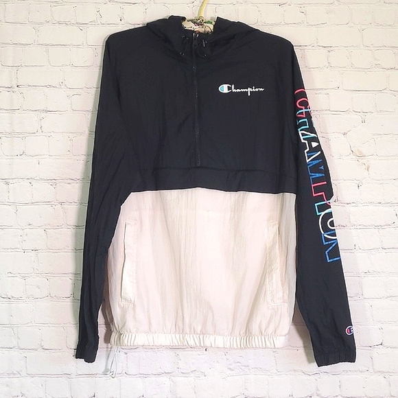Vintage 90s Champion Spellout Logo Large Print Sleeve Windbreaker Hoodie  Size M - Picture 2 of 16